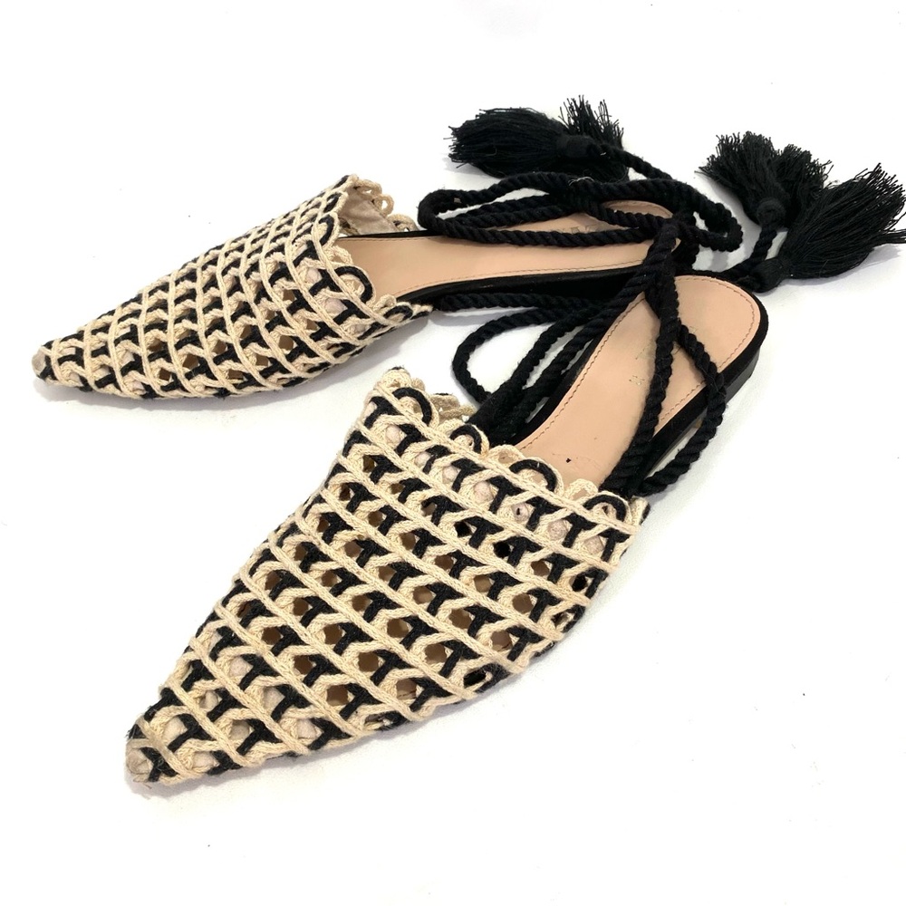 Zara Women’s Woven Mules Ankle Wrap Flats 6 / 36 Pointed Toe Tassel